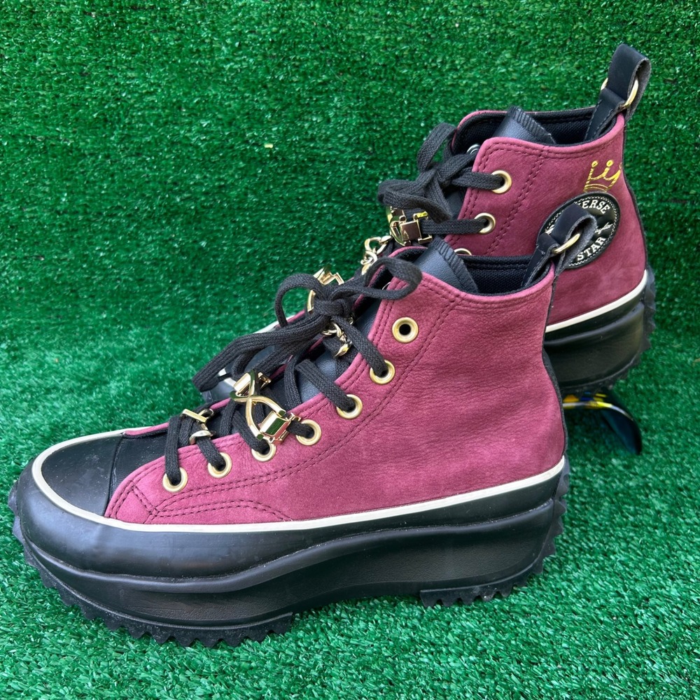 Converse Run Star Hike Hi Burgundy Leather Gold Chain Sneakers 573065C Women 7.5